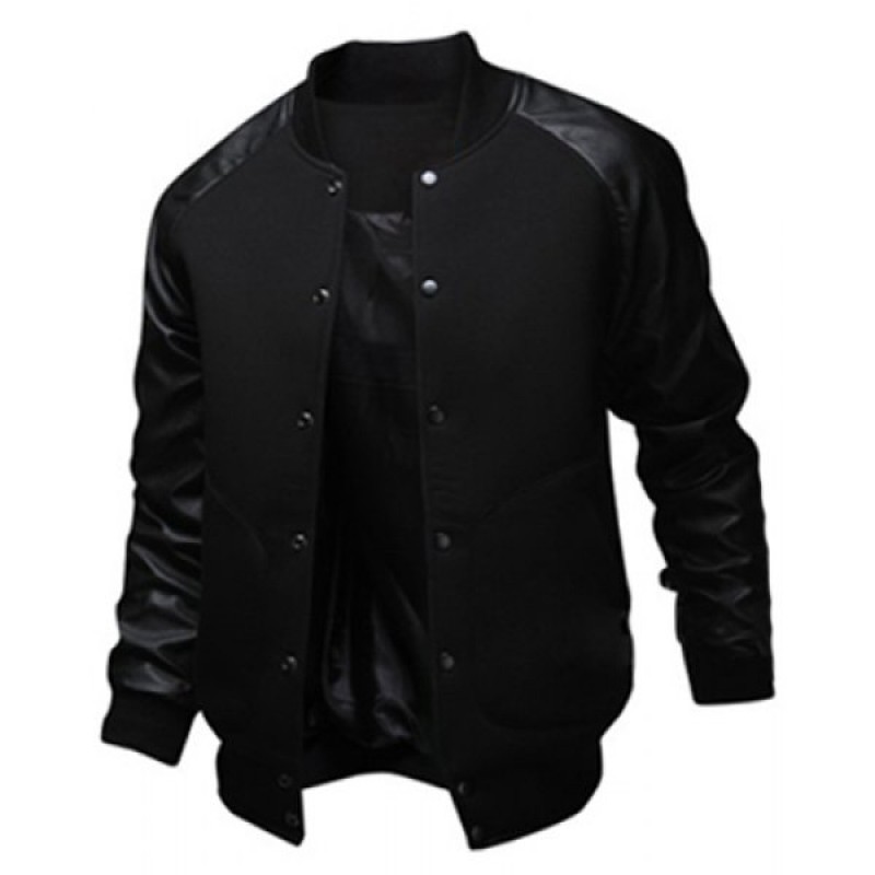 Slimming Trendy Stand Collar Large Pocket Color Splicing Long Sleeve Polyester Jacket For Men
