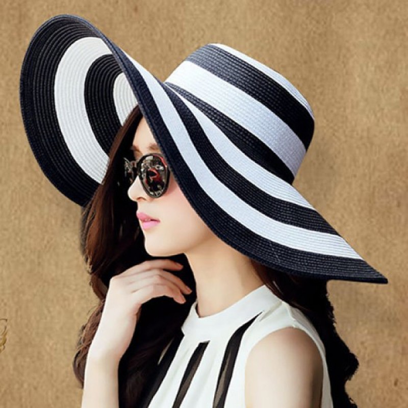 Stylish Wide Brim Black and White Striped Pattern Sun Hat For Women