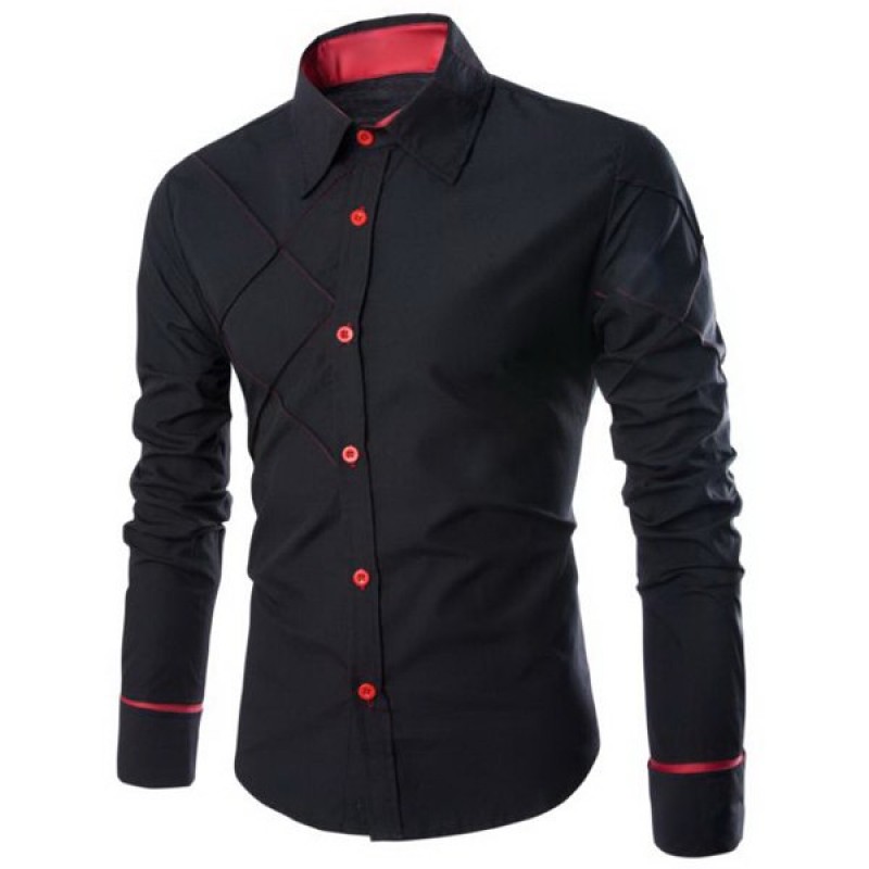 Slimming Stylish Shirt Collar Checked Sutures Design Long Sleeve Polyester Shirt For Men