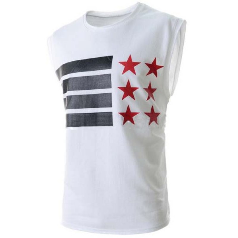 Stars and Stripes Print Round Neck Sleeveless Slimming Stylish Polyester Tank Top For Men