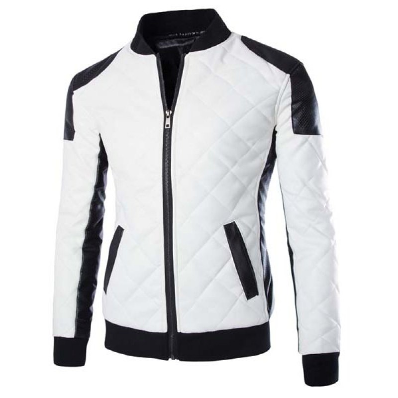Color Block Rib Splicing Stand Collar Long Sleeve Slimming Fashion PU Leather Jacket For Men