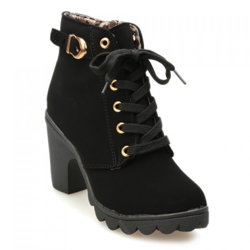 Stylish Solid Color Women's Ankle Boots With Lace-Up and Buckle Design