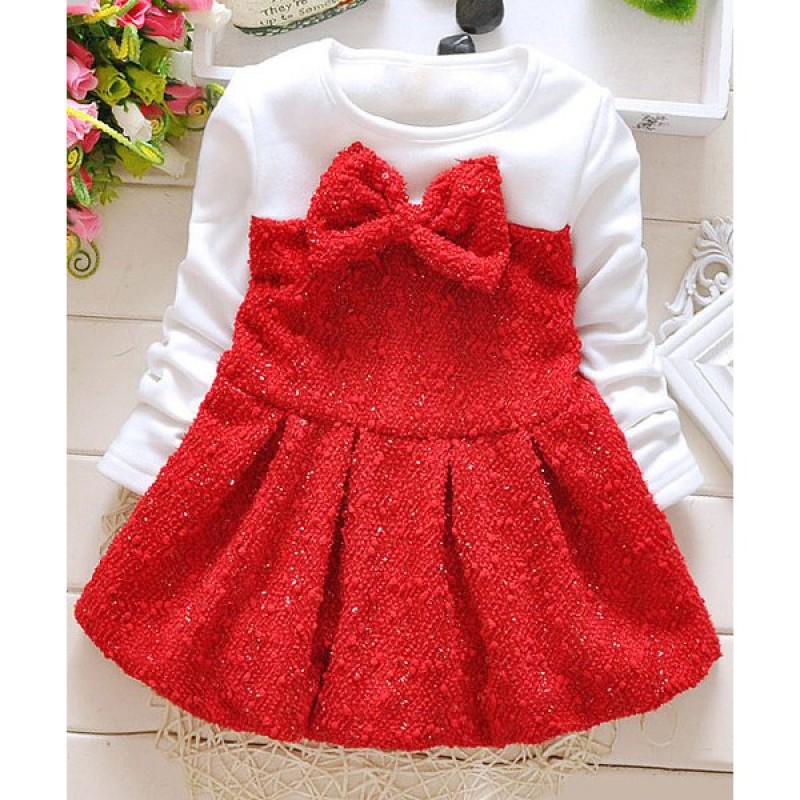 Stylish Round Neck Bowknot Design Long Sleeve Thicken Mini Dress For Girl