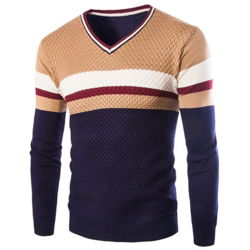 Slimming V-Neck Hit Color Stripes Wave Twist Flowers Long Sleeves Cashmere Blend Sweater For Men