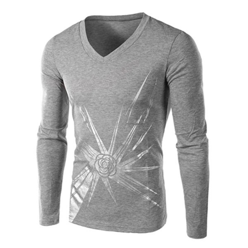 Personality Rose Print V-Neck Long Sleeves Slimming Casual T-Shirt For Men