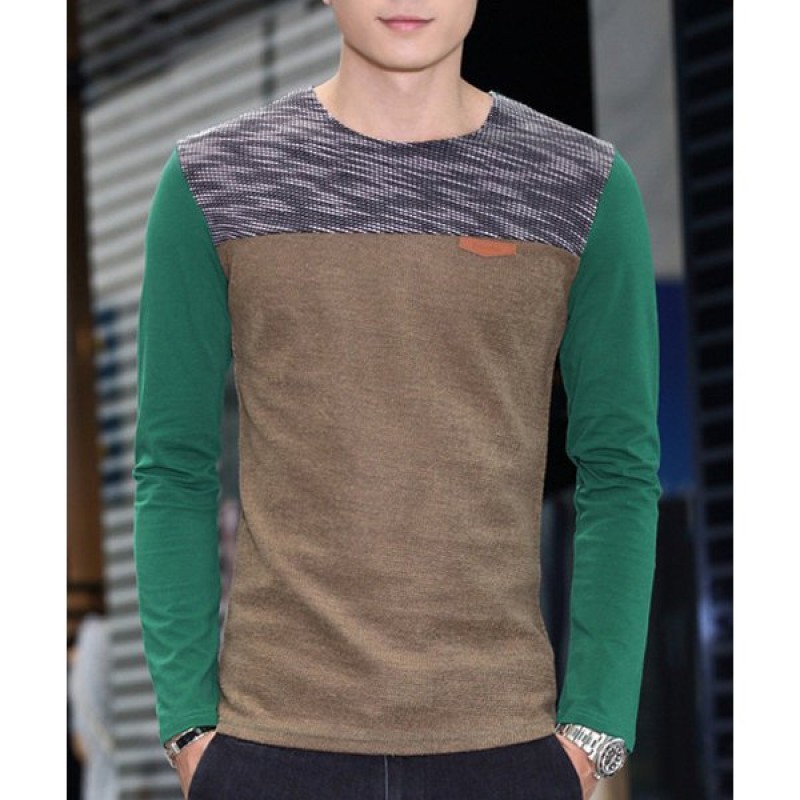 Round Neck Color Block Spliced Design PU-Leather Embellished Long Sleeve T-Shirt For Men