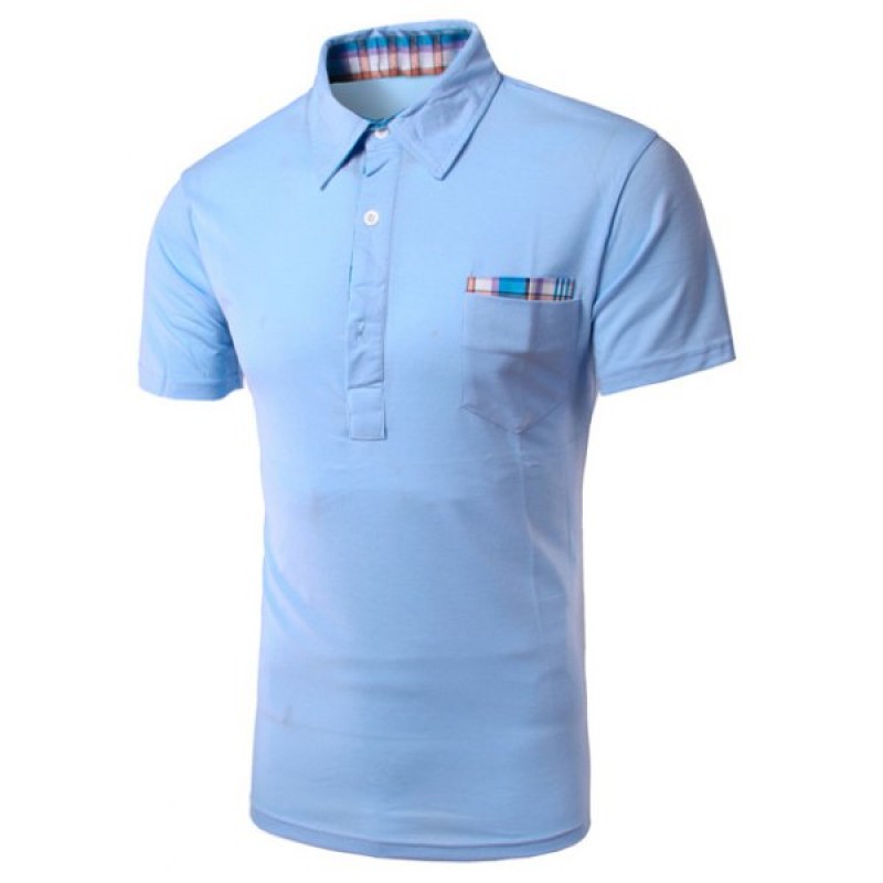 Men's Turn Down Collar Checked Design Solid Color Short Sleeves T-Shirt