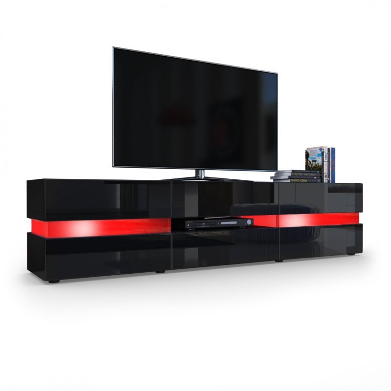 Meuble TV Armoire basse Flow en Noir mat / Noir laqué haute brillance avec éclairage LED