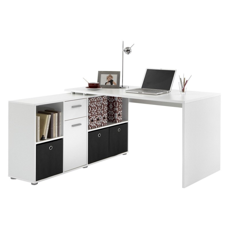 FMD 353-001_we Lex Bureau Angulaire Réversible avec Quatre Compartiments Ouverts et Porte/Tiroir Bois Blanc 66,5 x 136 x 74 cm