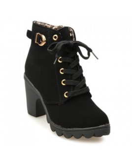 Stylish Solid Color Women's Ankle Boots With Lace-Up and Buckle Design