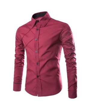 Slimming Stylish Shirt Collar Checked Sutures Design Long Sleeve Polyester Shirt For Men