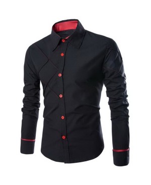 Slimming Stylish Shirt Collar Checked Sutures Design Long Sleeve Polyester Shirt For Men