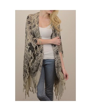 Stylish Tassel Embellished Elephant and Paisley Pattern Voile Kimono Scarf For Women