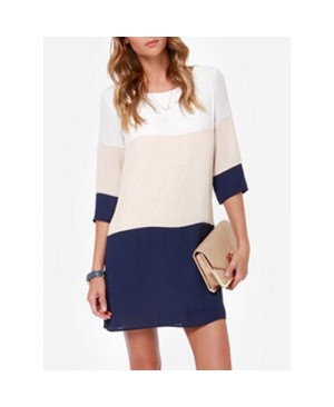 Casual Scoop Neck Color Block 3/4 Sleeve Dress For Women