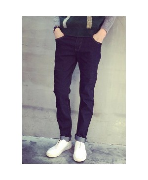 Simple Narrow Feet Bleach Wash Pocket Suture Line Design Slimming Zipper Fly Jeans For Men