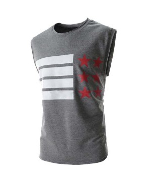 Stars and Stripes Print Round Neck Sleeveless Slimming Stylish Polyester Tank Top For Men