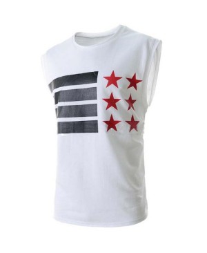 Stars and Stripes Print Round Neck Sleeveless Slimming Stylish Polyester Tank Top For Men