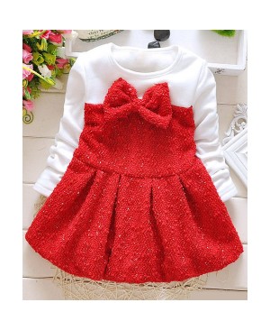 Stylish Round Neck Bowknot Design Long Sleeve Thicken Mini Dress For Girl