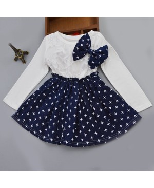 Stylish Long Sleeve Round Neck Lace Splicing Star Print Bowknot Dress For Girls