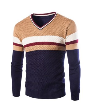 Slimming V-Neck Hit Color Stripes Wave Twist Flowers Long Sleeves Cashmere Blend Sweater For Men