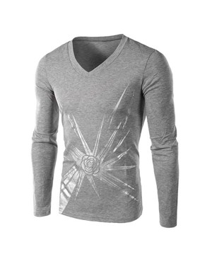 Personality Rose Print V-Neck Long Sleeves Slimming Casual T-Shirt For Men