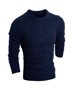 Round Neck Solid Color Kink Design Long Sleeve Sweater For Men