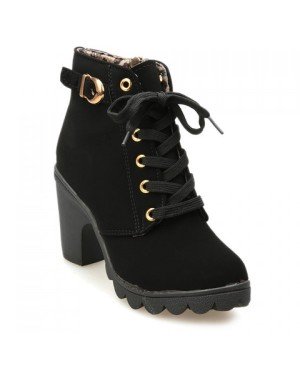 Stylish Solid Color Women's Ankle Boots With Lace-Up and Buckle Design