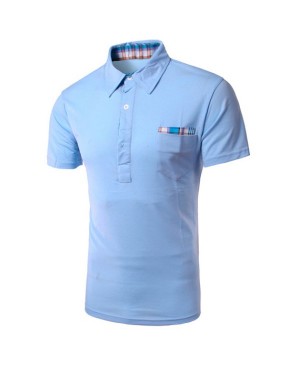 Men's Turn Down Collar Checked Design Solid Color Short Sleeves T-Shirt