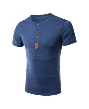 Round Neck Single Breasted Design PU-Leather Spliced Short Sleeve T-Shirt For Men