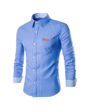 Slimming Checked Turn-Down Collar Long Sleeve Leather Tag Men's Shirt