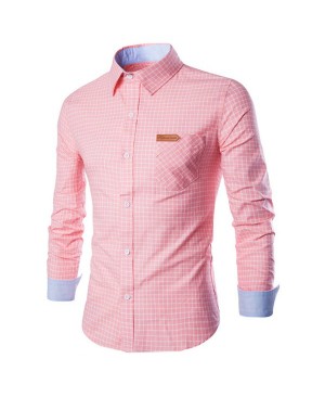 Slimming Checked Turn-Down Collar Long Sleeve Leather Tag Men's Shirt