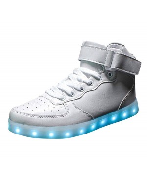 Wealsex Chaussures de Sports Baskets Montante Lacet Boucle LED Clignotante avec 7 couleurs USB Rechargeable Lumineux PU Cuir Noir Blanc Unisex Hommes Femmes