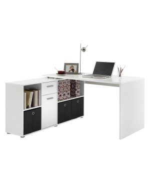 FMD 353-001_we Lex Bureau Angulaire Réversible avec Quatre Compartiments Ouverts et Porte/Tiroir Bois Blanc 66,5 x 136 x 74 cm