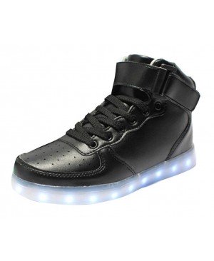 Wealsex Chaussures de Sports Baskets Montante Lacet Boucle LED Clignotante avec 7 couleurs USB Rechargeable Lumineux PU Cuir Noir Blanc Unisex Hommes Femmes