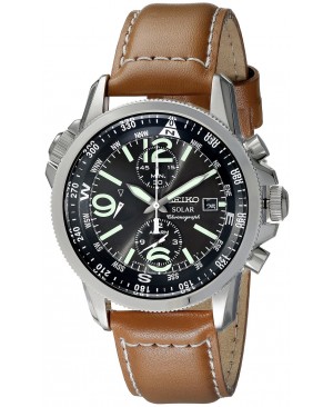 Seiko - SSC081P1 - Solar - Montre Homme - Chronographe - Cadran Noir - Bracelet Cuir Marron