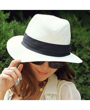 Stylish Black Strap Embellished Flanging Straw Hat For Women