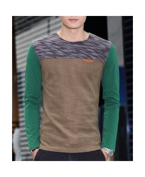 Round Neck Color Block Spliced Design PU-Leather Embellished Long Sleeve T-Shirt For Men