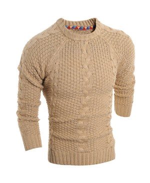 Round Neck Solid Color Kink Design Long Sleeve Sweater For Men