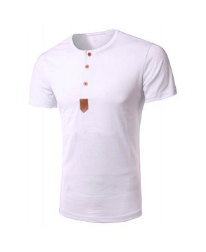 Round Neck Single Breasted Design PU-Leather Spliced Short Sleeve T-Shirt For Men